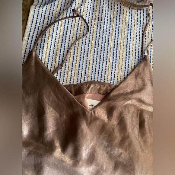 Wilfred Satin Slip Mini Dress Tan Copper  Size Small Adjustable Straps Side Slit - Picture 6 of 13